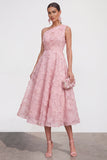 Blue A-Line One Shoulder Floral Midi Dress with Beading