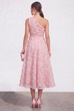 Blue A-Line One Shoulder Floral Midi Dress with Beading