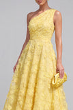 Blue A-Line One Shoulder Floral Midi Dress with Beading