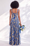 Blue Square Neck Velvet Corset Floral Ruched Long Bridesmaid Dress with Slit