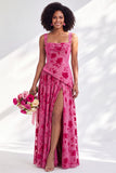 Blue Square Neck Velvet Corset Floral Ruched Long Bridesmaid Dress with Slit
