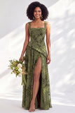 Blue Square Neck Velvet Corset Floral Ruched Long Bridesmaid Dress with Slit