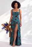 Blue Square Neck Velvet Corset Floral Ruched Long Bridesmaid Dress with Slit