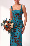 Mermaid Square Neck Velvet Floral Ruched Long Bridesmaid Dress