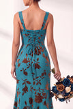 Mermaid Square Neck Velvet Floral Ruched Long Bridesmaid Dress