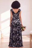 Black Silver Flower Velvet Ruched Long Bridesmaid Dress with Cap Sleeves