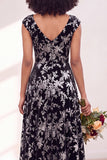 Black Silver Flower Velvet Ruched Long Bridesmaid Dress with Cap Sleeves