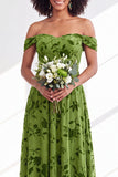 Off The Shoulder Fuchsia Floral Velvet A-Line Long Bridesmaid Dress