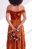 Off The Shoulder Fuchsia Floral Velvet A-Line Long Bridesmaid Dress