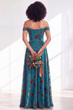 Off The Shoulder Fuchsia Floral Velvet A-Line Long Bridesmaid Dress
