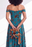 Off The Shoulder Fuchsia Floral Velvet A-Line Long Bridesmaid Dress