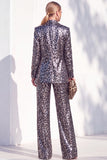 Coffee Leopard Sequins Pantsuits Notched Lapel Long Women Suits with Pockets