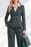 Vintage Green Grid Printed Pantsuits Notched Lapel Long Women Suits