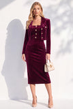 Burgundy Velvet Bodycon Notched Lapel Long Sleeves Midi Women Suits