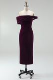 Burgundy Bodycon Off the Shoulder Midi Velvet Cocktail Dress