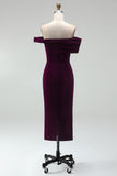 Burgundy Bodycon Off the Shoulder Midi Velvet Cocktail Dress