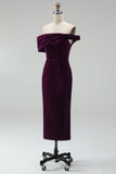Burgundy Bodycon Off the Shoulder Midi Velvet Cocktail Dress