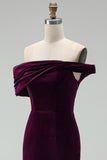 Burgundy Bodycon Off the Shoulder Midi Velvet Cocktail Dress
