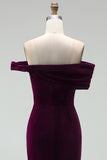 Burgundy Bodycon Off the Shoulder Midi Velvet Cocktail Dress