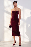 Burgundy Corset Sheath Strapless Velvet Dress