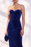 Burgundy Corset Sheath Strapless Velvet Dress