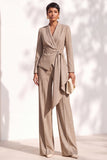 Brown Pantsuits Shawl Lapel Long Sleeves Sash Women Suits
