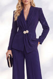 Berlin Blue Pantsuits V-Neck Ruched Long Women Suits