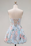 Pink Satin Strapless A-Line Floral Homecoming Dress with Lace Up Back
