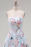 Pink Satin Strapless A-Line Floral Homecoming Dress with Lace Up Back