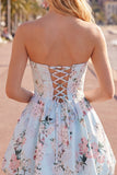 Pink Satin Strapless A-Line Floral Homecoming Dress with Lace Up Back