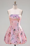 Pink Satin Strapless A-Line Floral Homecoming Dress with Lace Up Back