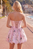 Pink Satin Strapless A-Line Floral Homecoming Dress with Lace Up Back