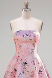 Pink Satin Strapless A-Line Floral Homecoming Dress with Lace Up Back
