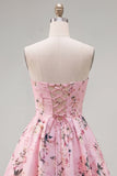 Pink Satin Strapless A-Line Floral Homecoming Dress with Lace Up Back