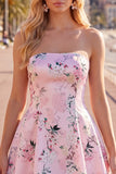Pink Satin Strapless A-Line Floral Homecoming Dress with Lace Up Back