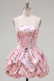 Strapless Blue A-Line Satin Floral Homecoming Dress with Lace Up Back