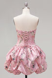 Strapless Blue A-Line Satin Floral Homecoming Dress with Lace Up Back
