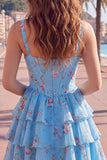 Blue Chiffon Corset Tiered Floral A-Line Square Neck Short Homecoming Dress