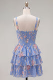Blue Chiffon Corset Tiered Floral A-Line Square Neck Short Homecoming Dress