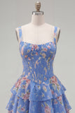 Blue Chiffon Corset Tiered Floral A-Line Square Neck Short Homecoming Dress