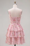 Blue Chiffon Corset Tiered Floral A-Line Square Neck Short Homecoming Dress