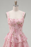 Blue Chiffon Corset Tiered Floral A-Line Square Neck Short Homecoming Dress