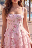 Blue Chiffon Corset Tiered Floral A-Line Square Neck Short Homecoming Dress