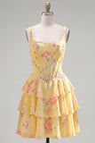 Blue Chiffon Corset Tiered Floral A-Line Square Neck Short Homecoming Dress