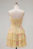Blue Chiffon Corset Tiered Floral A-Line Square Neck Short Homecoming Dress