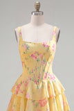 Blue Chiffon Corset Tiered Floral A-Line Square Neck Short Homecoming Dress