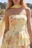 Yellow Strapless Tiered Floral A-Line Ruffle Short Homecoming Dress