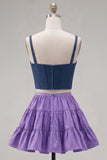 Pink Fuchsia A-Line Corset 2 Piece Thick Straps Short Homecoming Dress with Ruffles