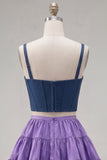 Pink Fuchsia A-Line Corset 2 Piece Thick Straps Short Homecoming Dress with Ruffles