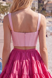 Pink Fuchsia A-Line Corset 2 Piece Thick Straps Short Homecoming Dress with Ruffles